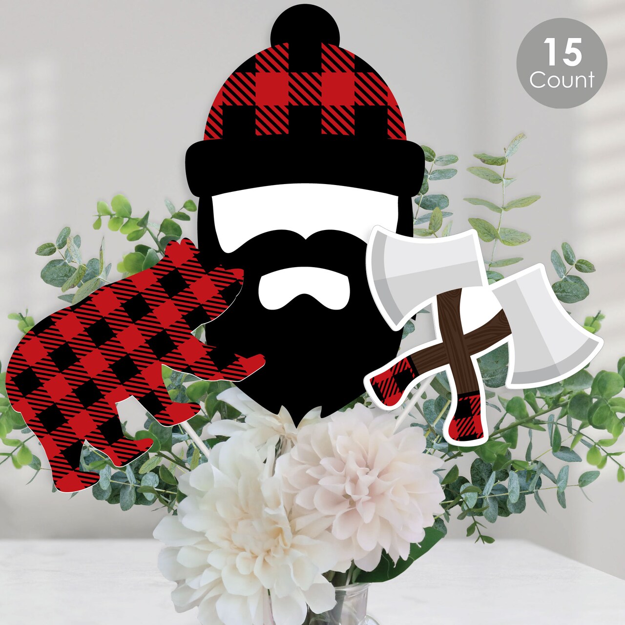 Big Dot of Happiness Lumberjack - Channel the Flannel - Buffalo Plaid Party Centerpiece Sticks - Table Toppers - Set of 15